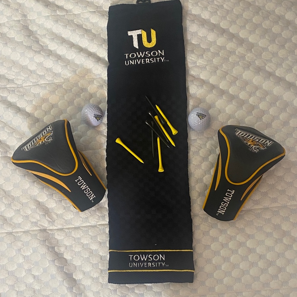 Towson University 2 Golf Driver Head covers,  2 logo balls & Embroidered towel